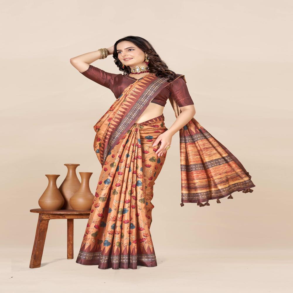 Brown Floral Printed Saree