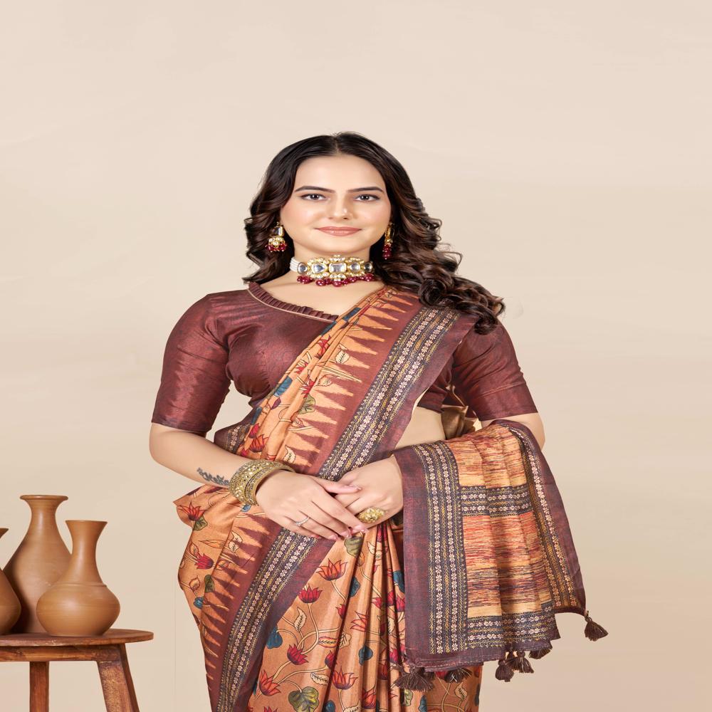 Brown Floral Printed Saree