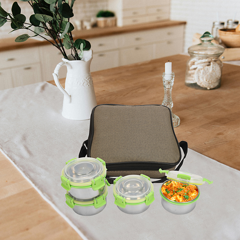 Stainless Steel Leak Proof Lunch Box With Bag , 4 Containers - Capacity: 300 Milliliter (Ml)