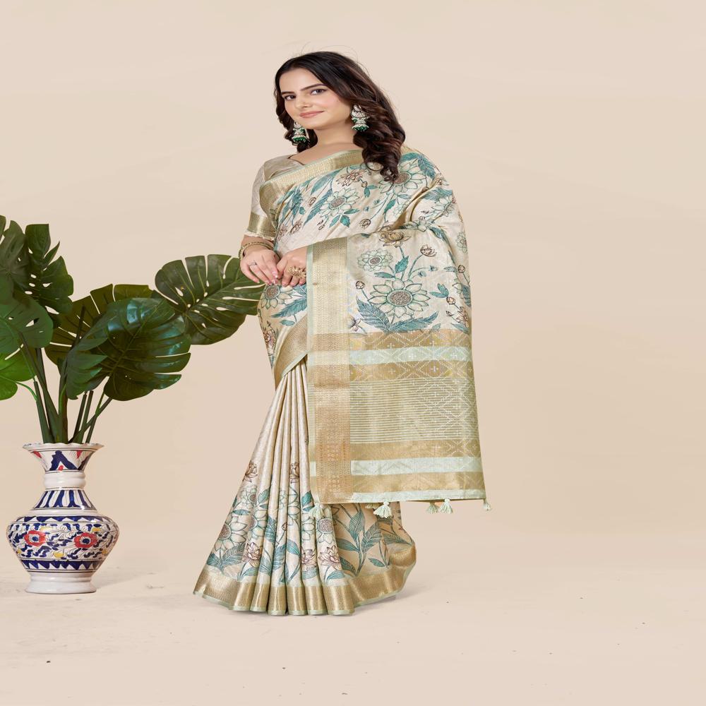 Beige And Blue Saree