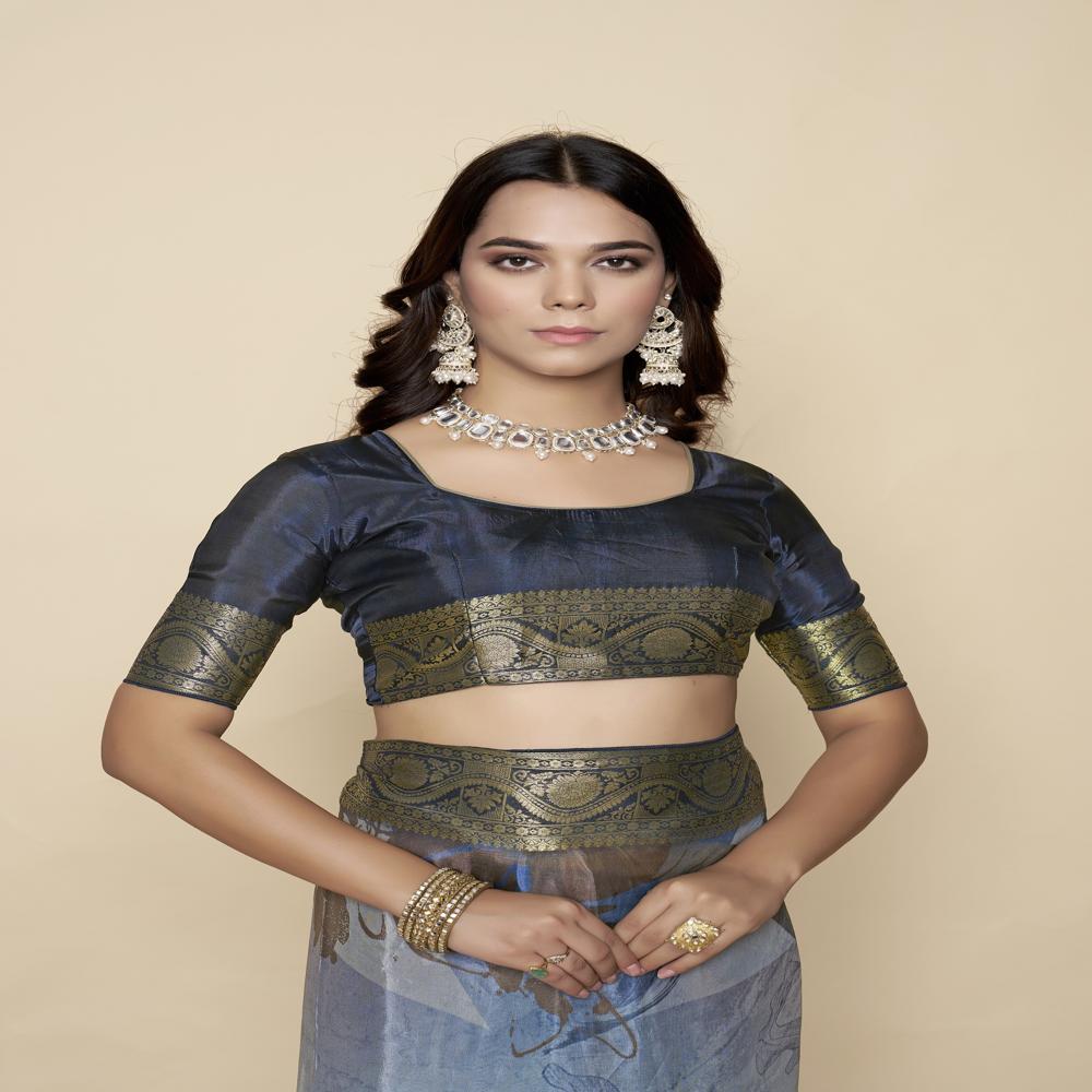 Grey And Green floral print Saree