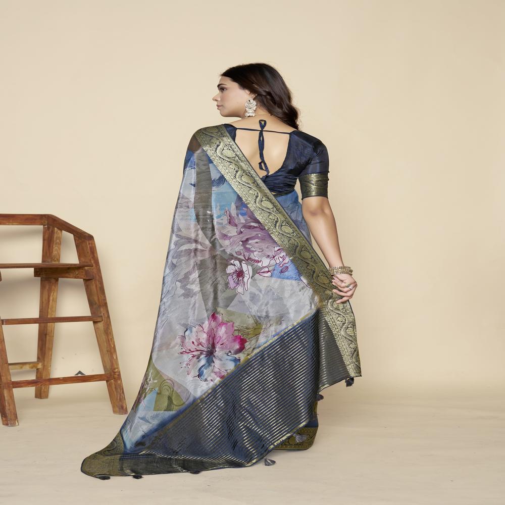 Grey And Green floral print Saree