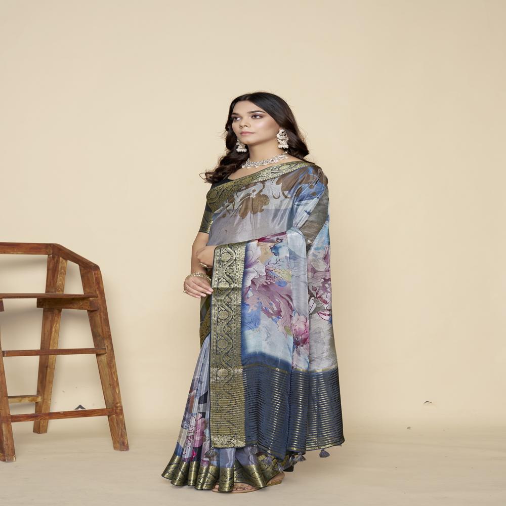 Grey And Green floral print Saree