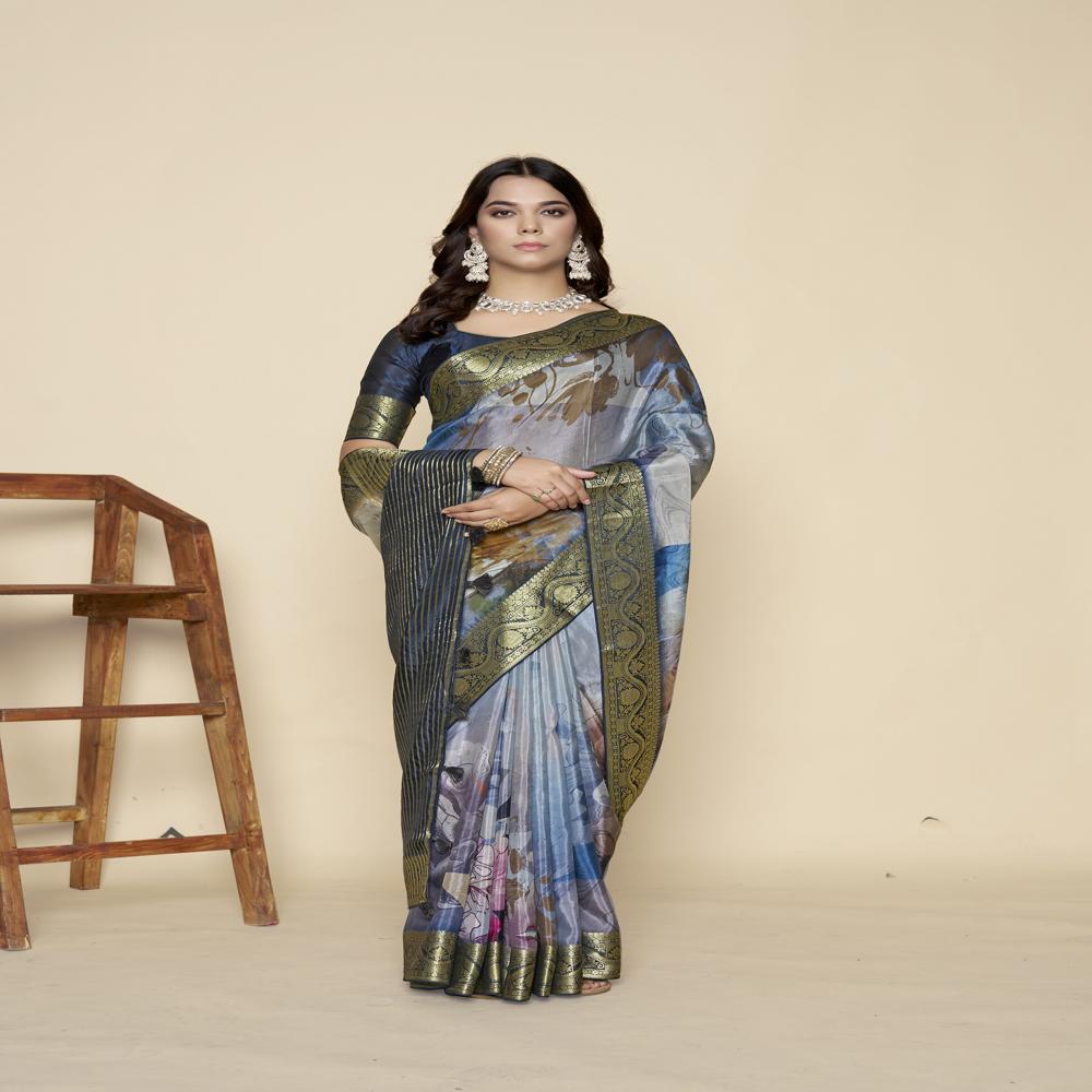 Grey And Green floral print Saree