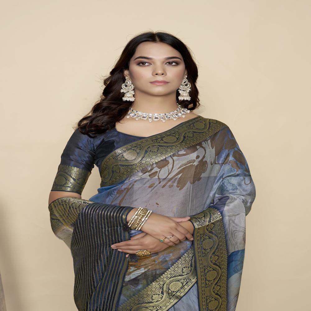 Grey And Green floral print Saree