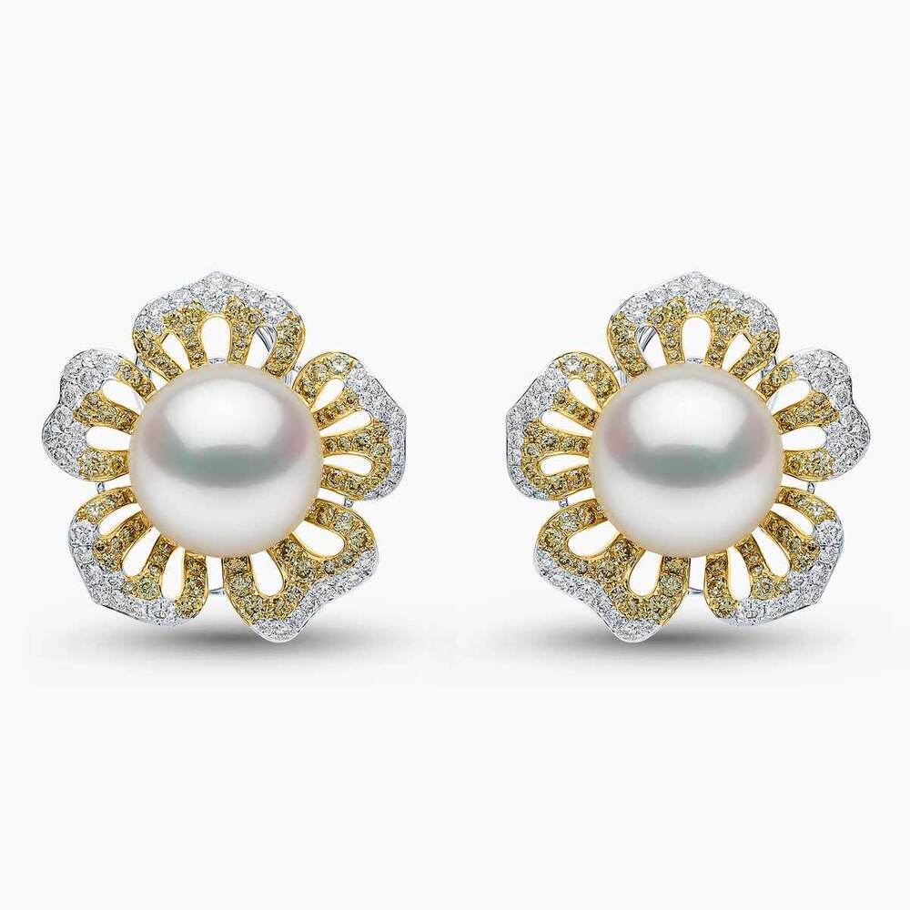 Sunrise Pearl & Diamond Floral Stud Earrings in 18K White Gold