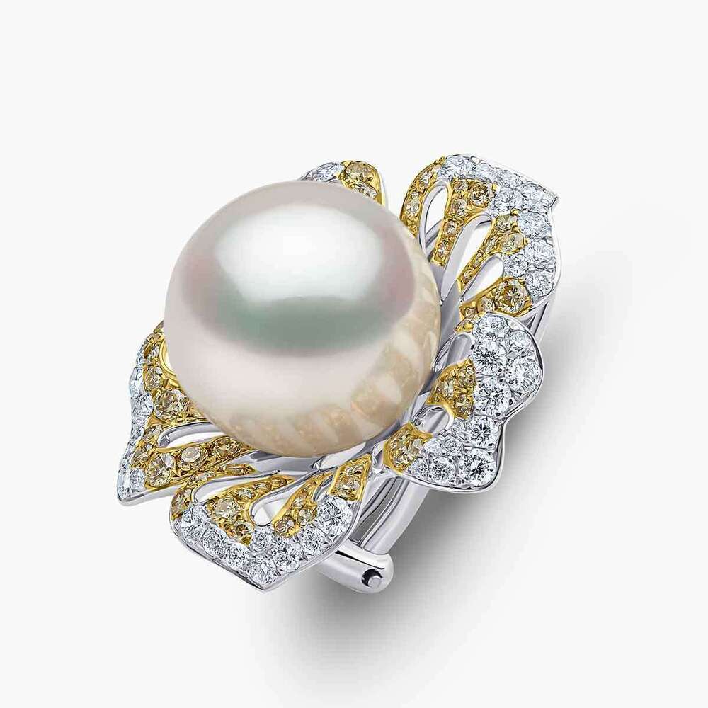 Sunrise Pearl & Diamond Floral Stud Earrings in 18K White Gold