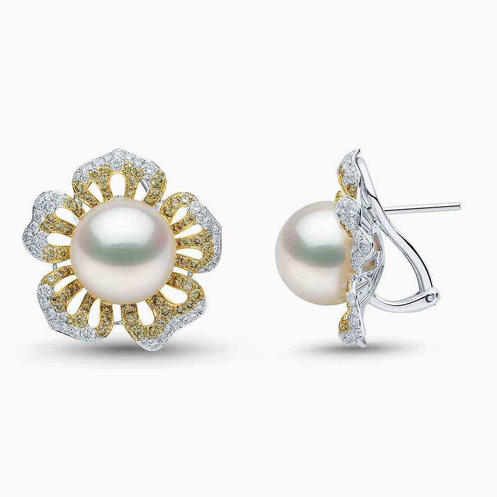 Sunrise Pearl & Diamond Floral Stud Earrings in 18K White Gold