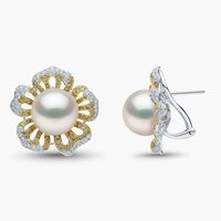 Sunrise Pearl & Diamond Floral Stud Earrings in 18K White Gold