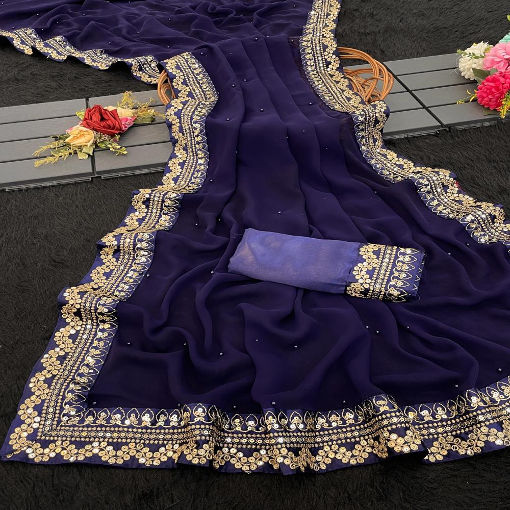 Indian Designer Georgette Saree - Color: Blue