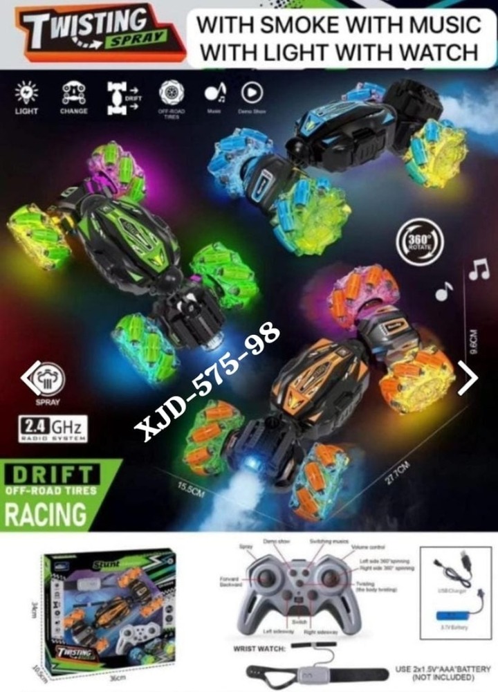 TWISTING SPRAY REMOTE STUNT CAR - 2.4GHz Gesture Sensor Control , Off-Road Vehicle with 360 Flips, Lights & Music for Boys and Girls Kids