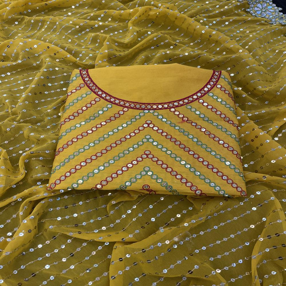 Bollywood Style Designer Saree - Faux Georgette Material, Unstitched Size, Yellow Color | Beautiful Sequence, Real Hand Mirror Work, Quick Dry Feature