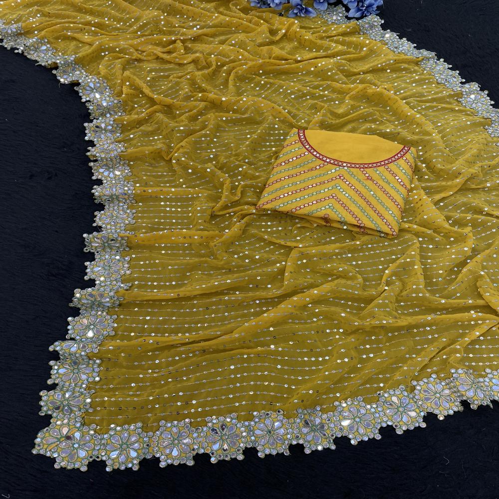 Bollywood Style Designer Saree - Faux Georgette Material, Unstitched Size, Yellow Color | Beautiful Sequence, Real Hand Mirror Work, Quick Dry Feature