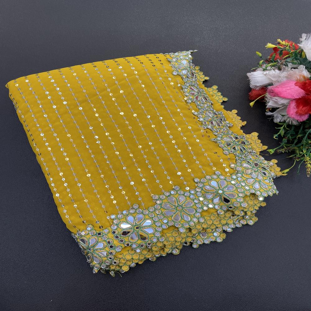 Bollywood Style Designer Saree - Faux Georgette Material, Unstitched Size, Yellow Color | Beautiful Sequence, Real Hand Mirror Work, Quick Dry Feature
