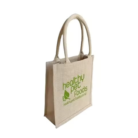 Unisex Vintage Fashion Jute Handbag PVC Fabric Lining Custom Printed Logo Open