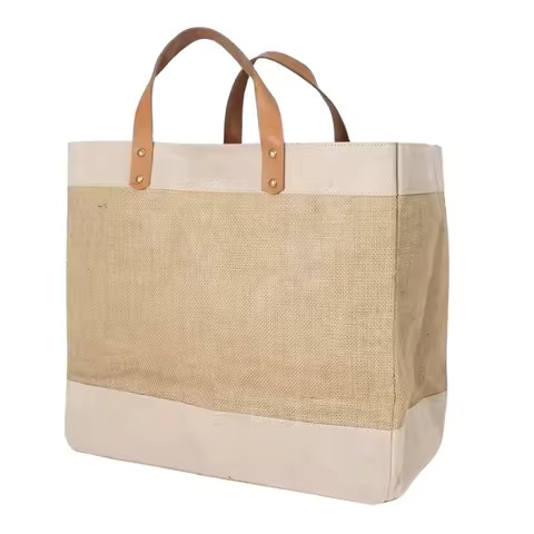 Wholesale Custom Printed PU Leather Handle Jute Shopping Bags Natural Cheap