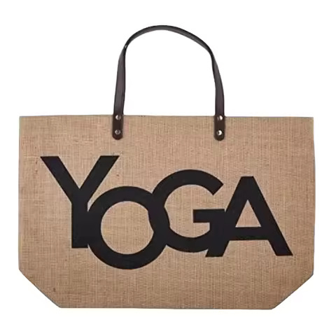 Yoga Tote Bag with Jute Material Leather Jute Fabric Lining Printed Flowers Letter