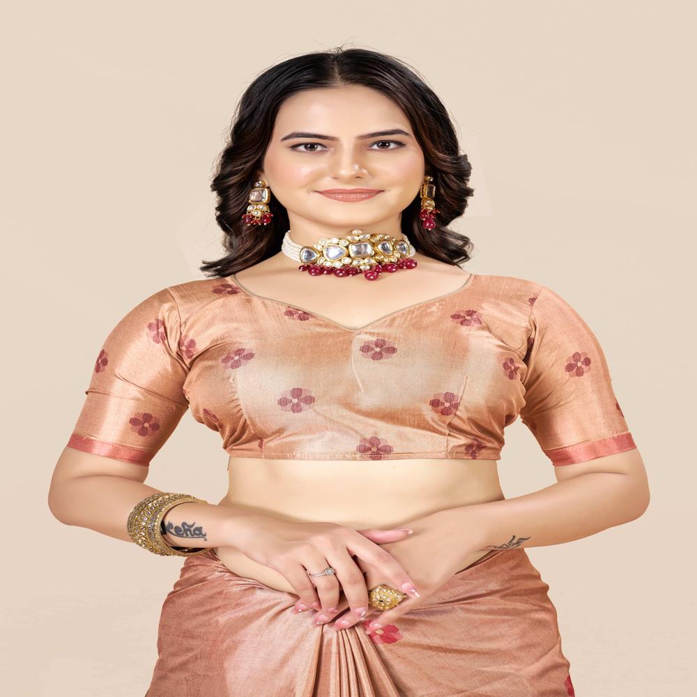 Peach Coloured And Green Saree
