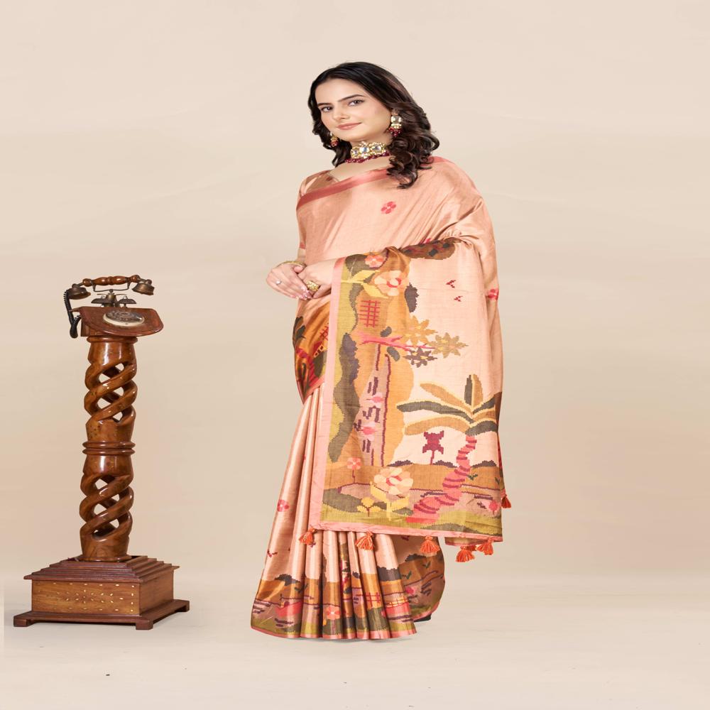 Peach Coloured And Green Saree