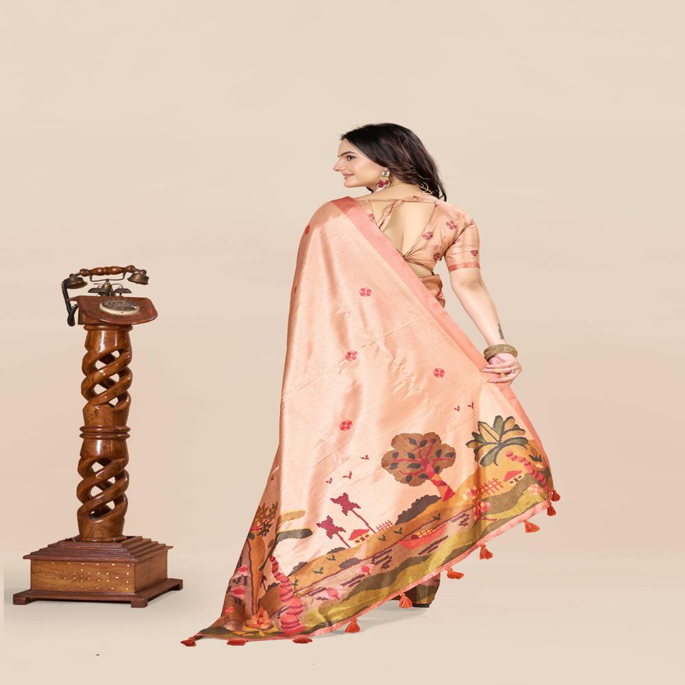 Peach Coloured And Green Saree