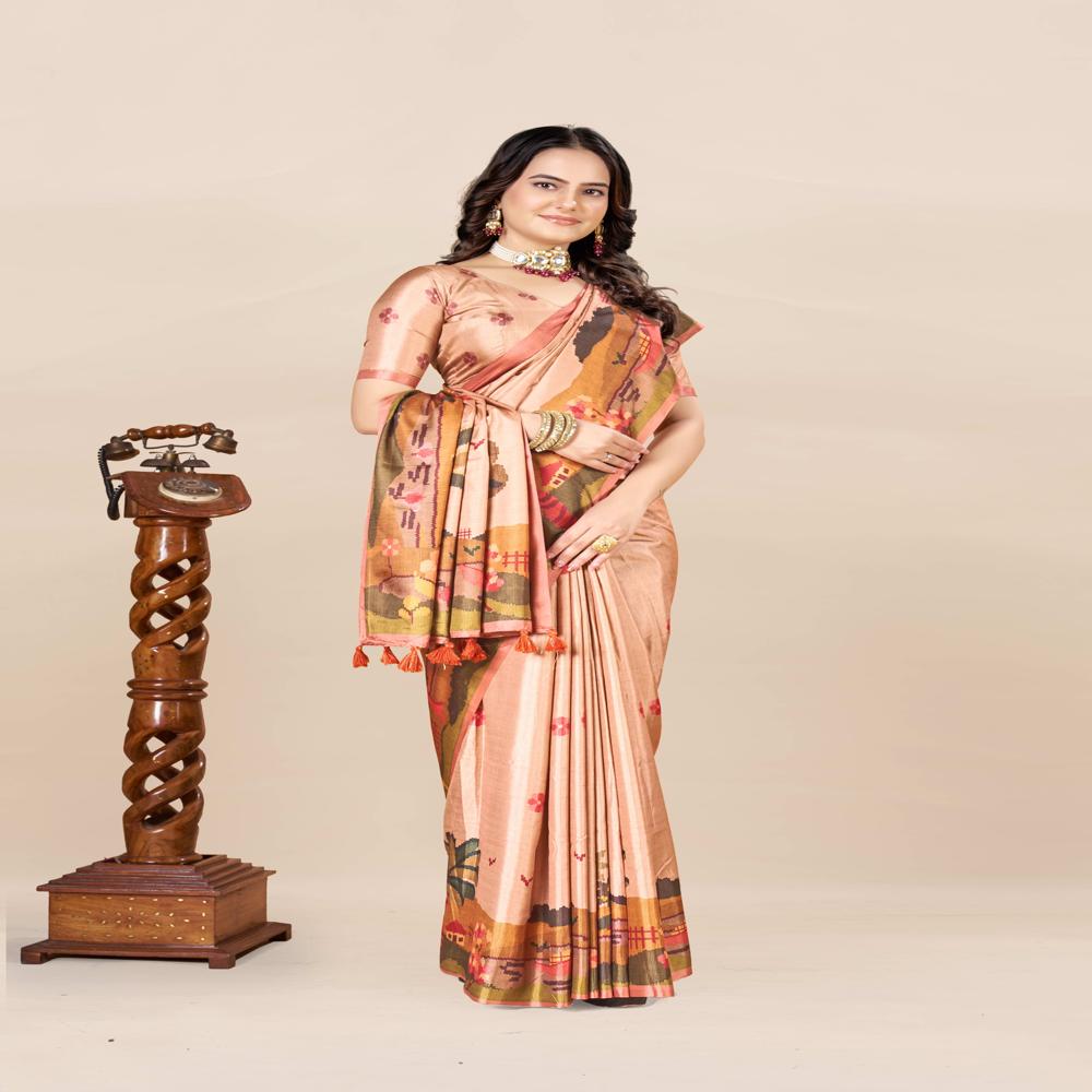 Peach Coloured And Green Saree