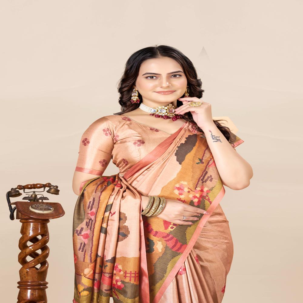 Peach Coloured And Green Saree