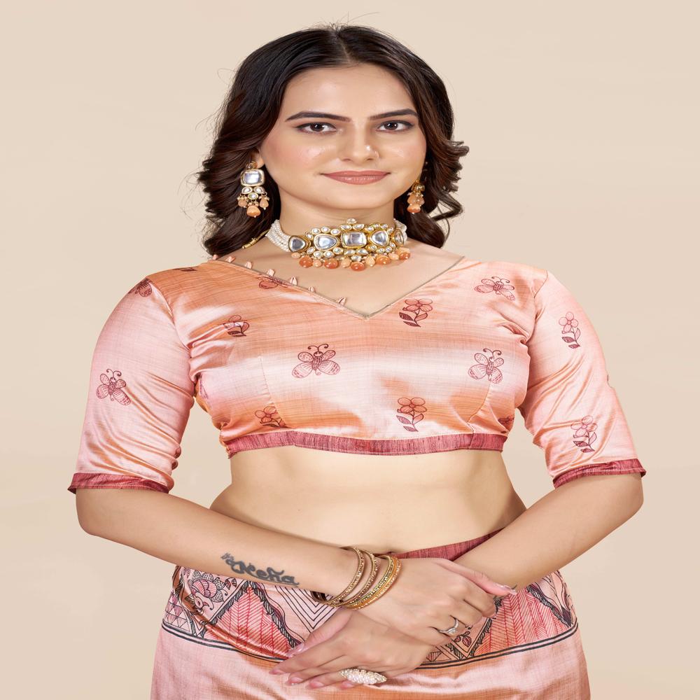 Ethnic Line Art Motifs Saree - Color: Peach