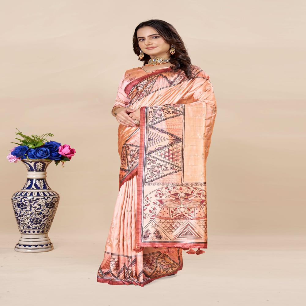 Ethnic Line Art Motifs Saree - Color: Peach