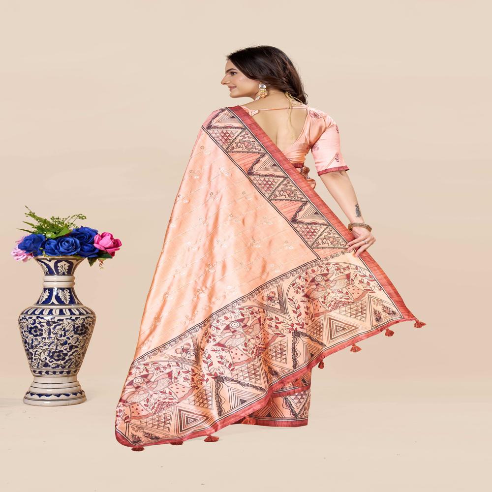Ethnic Line Art Motifs Saree - Color: Peach