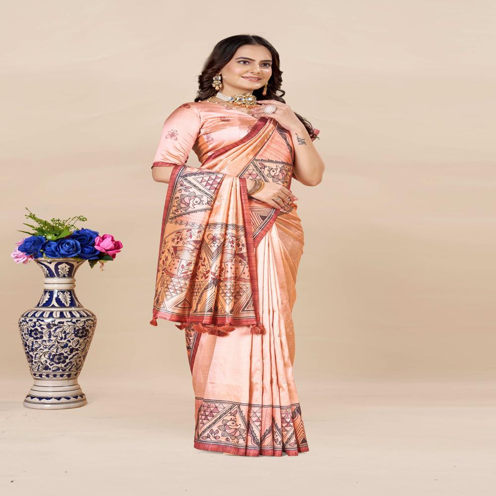 Ethnic Line Art Motifs Saree - Color: Peach