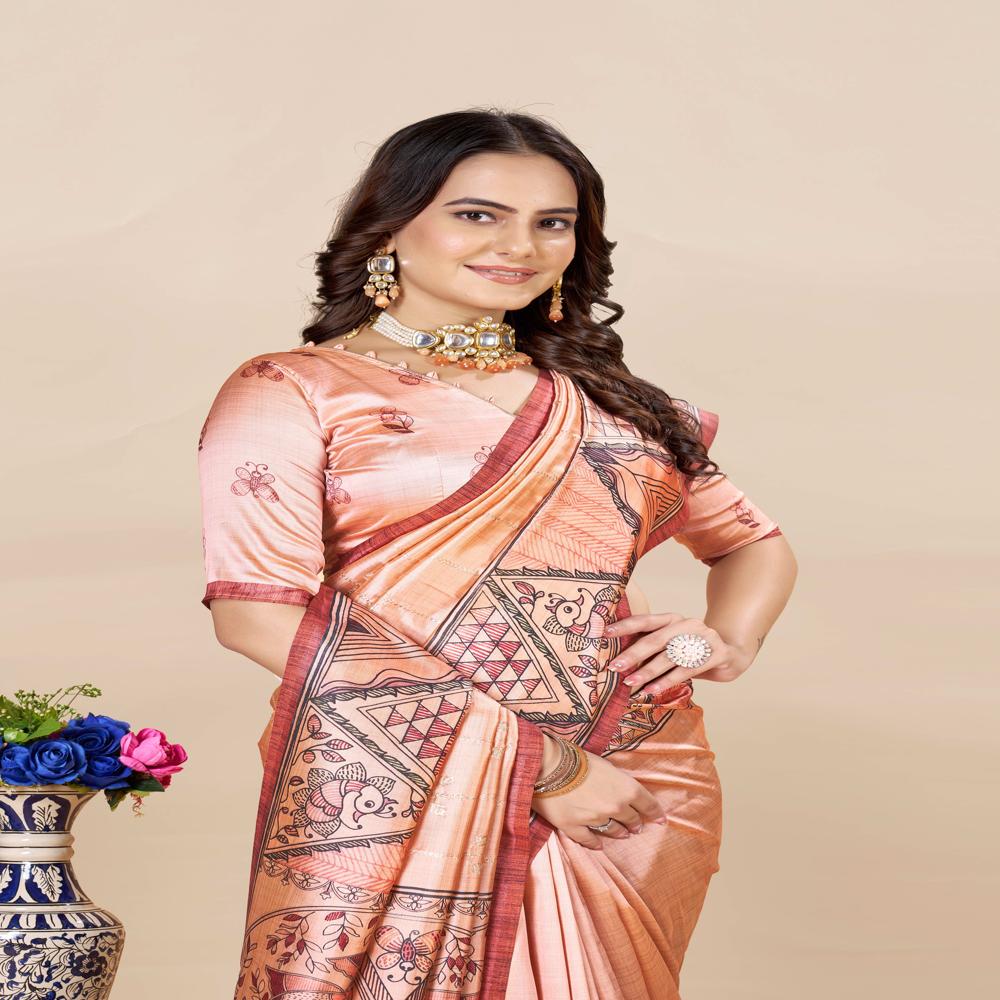 Ethnic Line Art Motifs Saree - Color: Peach