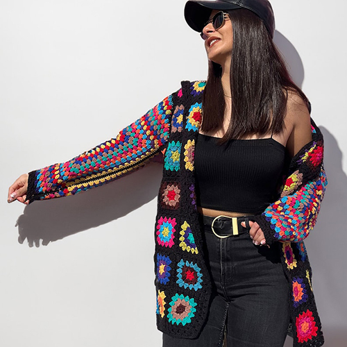 Granny Square Multicolour Cardigan For Ladies
