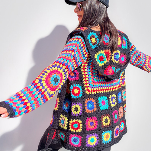 Granny Square Multicolour Cardigan For Ladies
