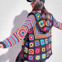 Granny Square Multicolour Cardigan For Ladies
