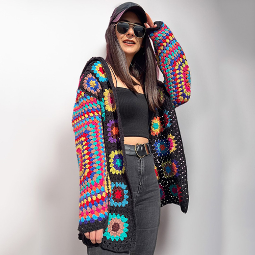 Granny Square Multicolour Cardigan For Ladies