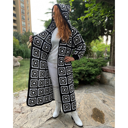 Granny Square Black Long Cardigan For Ladies - Color: Multicolor