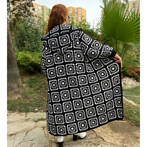 Granny Square Black Long Cardigan For Ladies