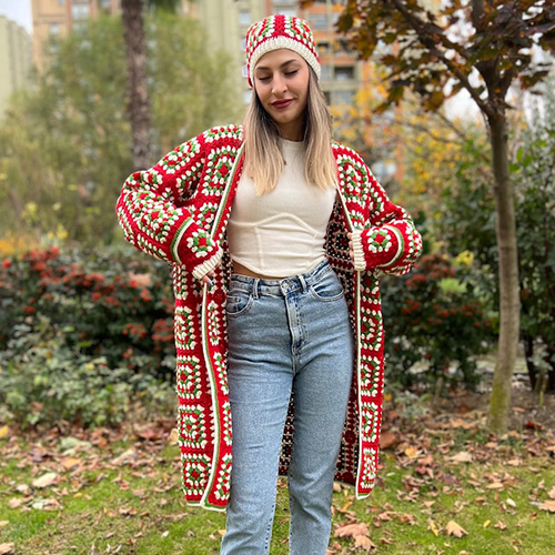 Beautiful Red Granny Square Crochet Cardigan For Ladies