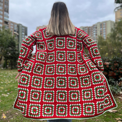 Beautiful Red Granny Square Crochet Cardigan For Ladies