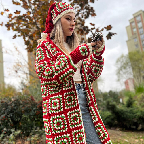 Beautiful Red Granny Square Crochet Cardigan For Ladies
