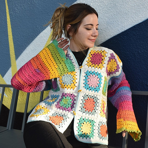 Handmade Granny Square Crochet Cardigan For Ladies
