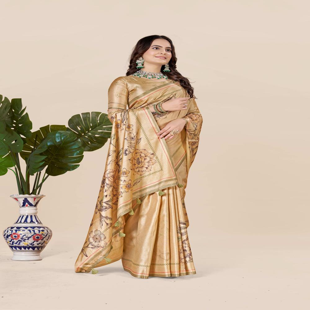 Gold Toned And Grey Saree - Color: Light Pista