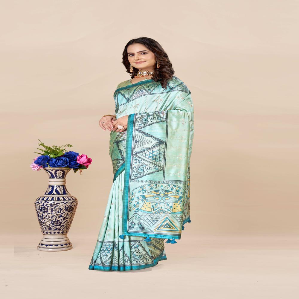 Abstract Printed Saree - Color: Sea Green