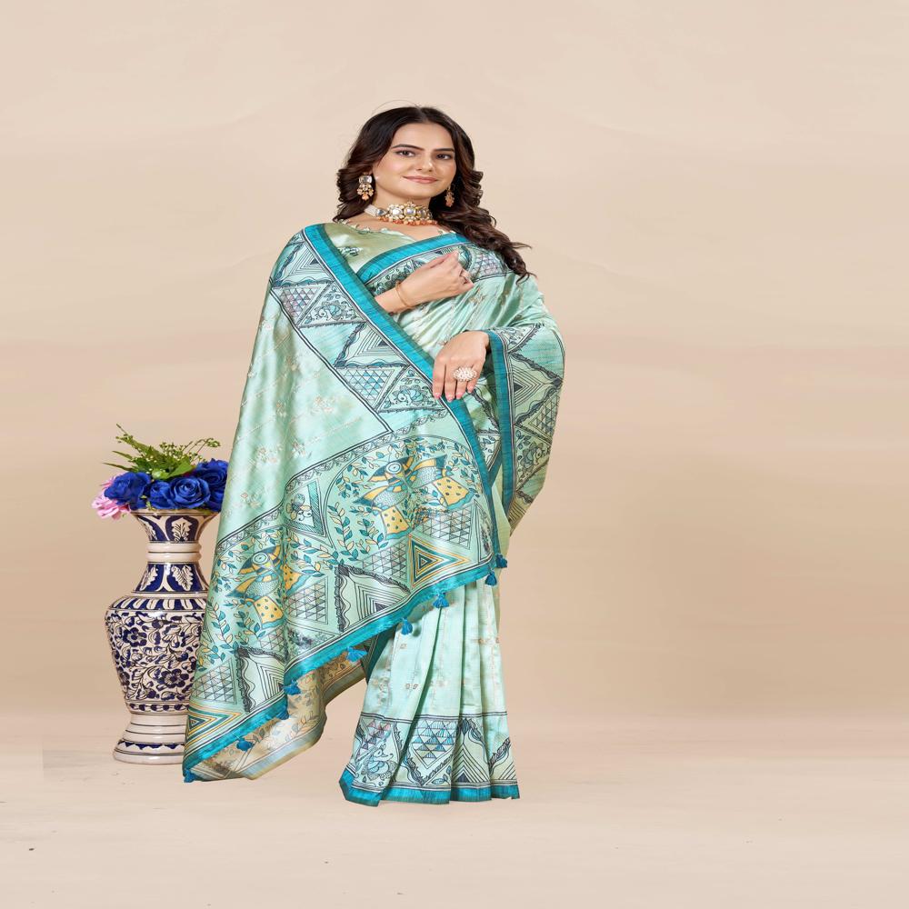 Abstract Printed Saree - Color: Sea Green