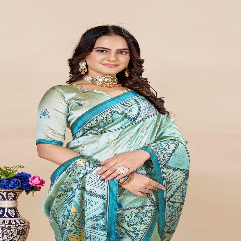 Abstract Printed Saree - Color: Sea Green