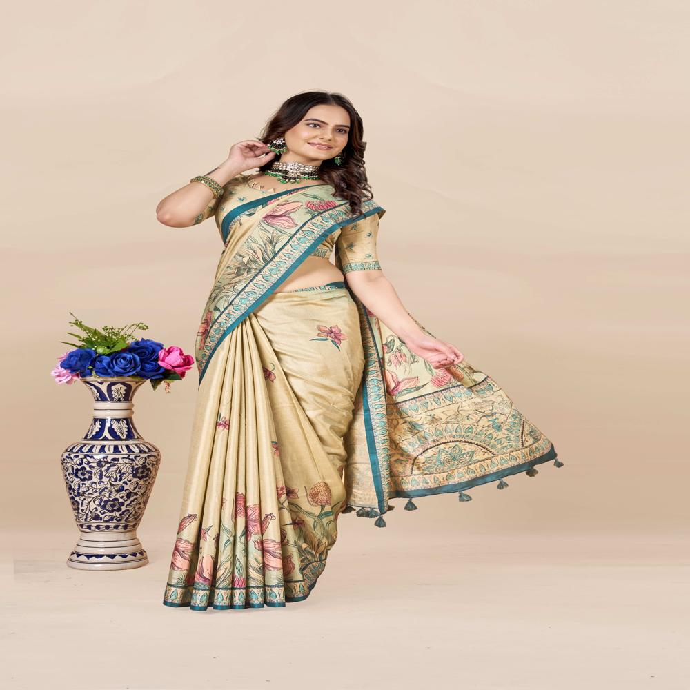 Abstract Blue And Beige Saree