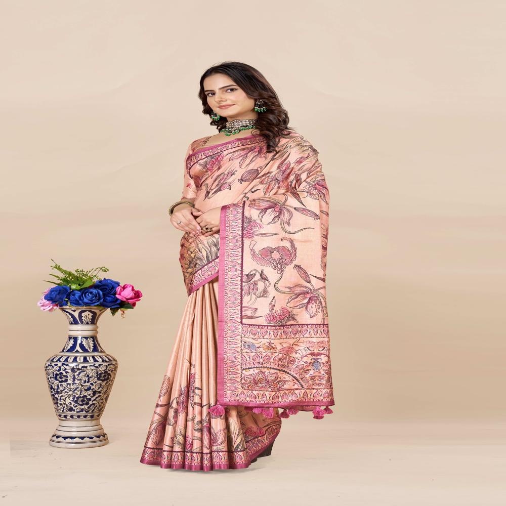 Red And Peach Coloured Saree - Color: Rose Pink
