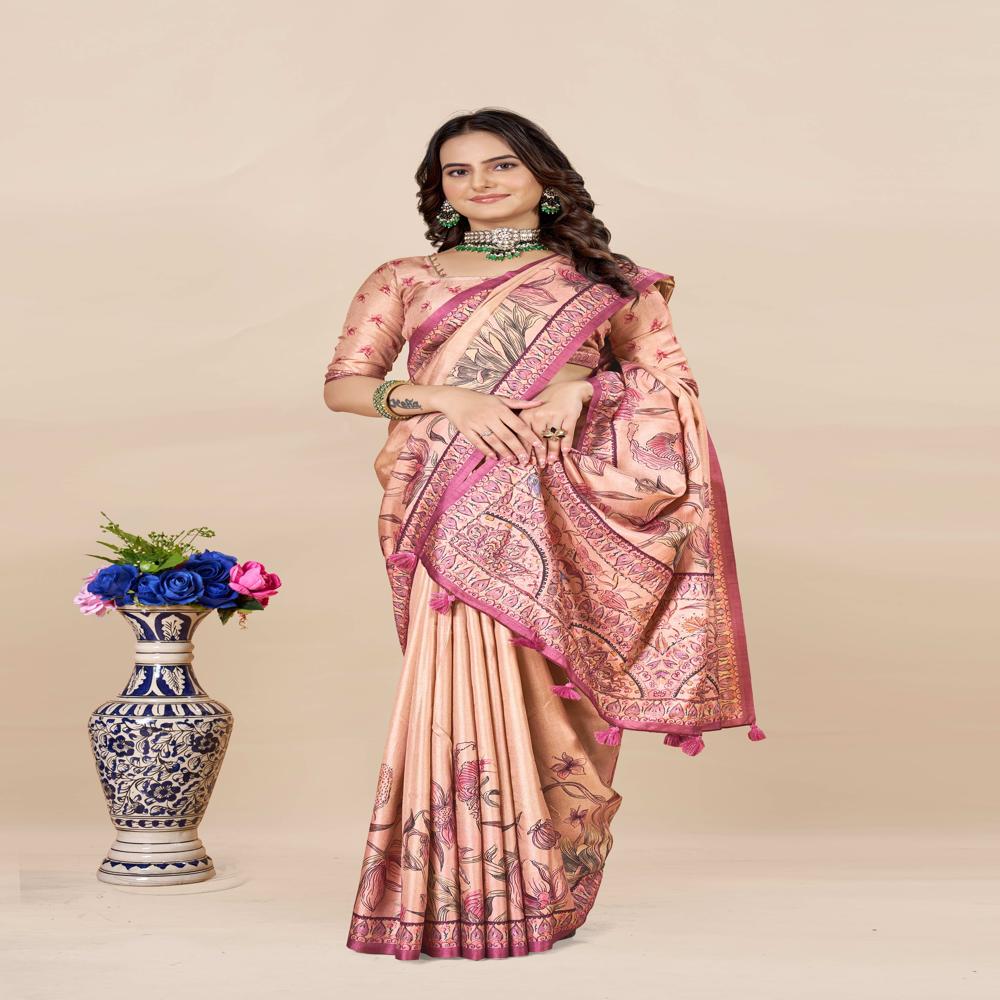 Red And Peach Coloured Saree - Color: Rose Pink