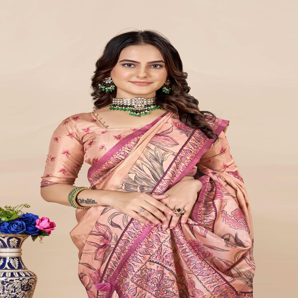 Red And Peach Coloured Saree - Color: Rose Pink