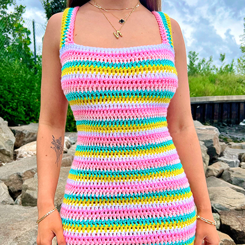 Crochet Midi Dress, Granny Square Bohemian Dress, Colorful Dress, Summer Dress
